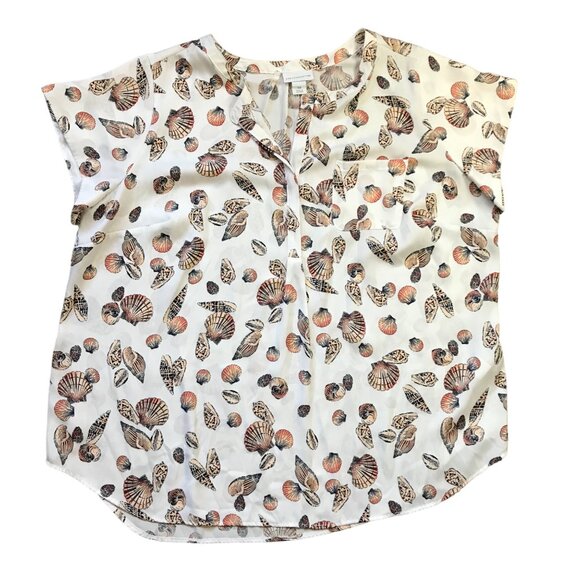 Liz Claiborne Shell Print Blouse Women's 0X Short Sleeves V-Neck Lightweight - Picture 1 of 8